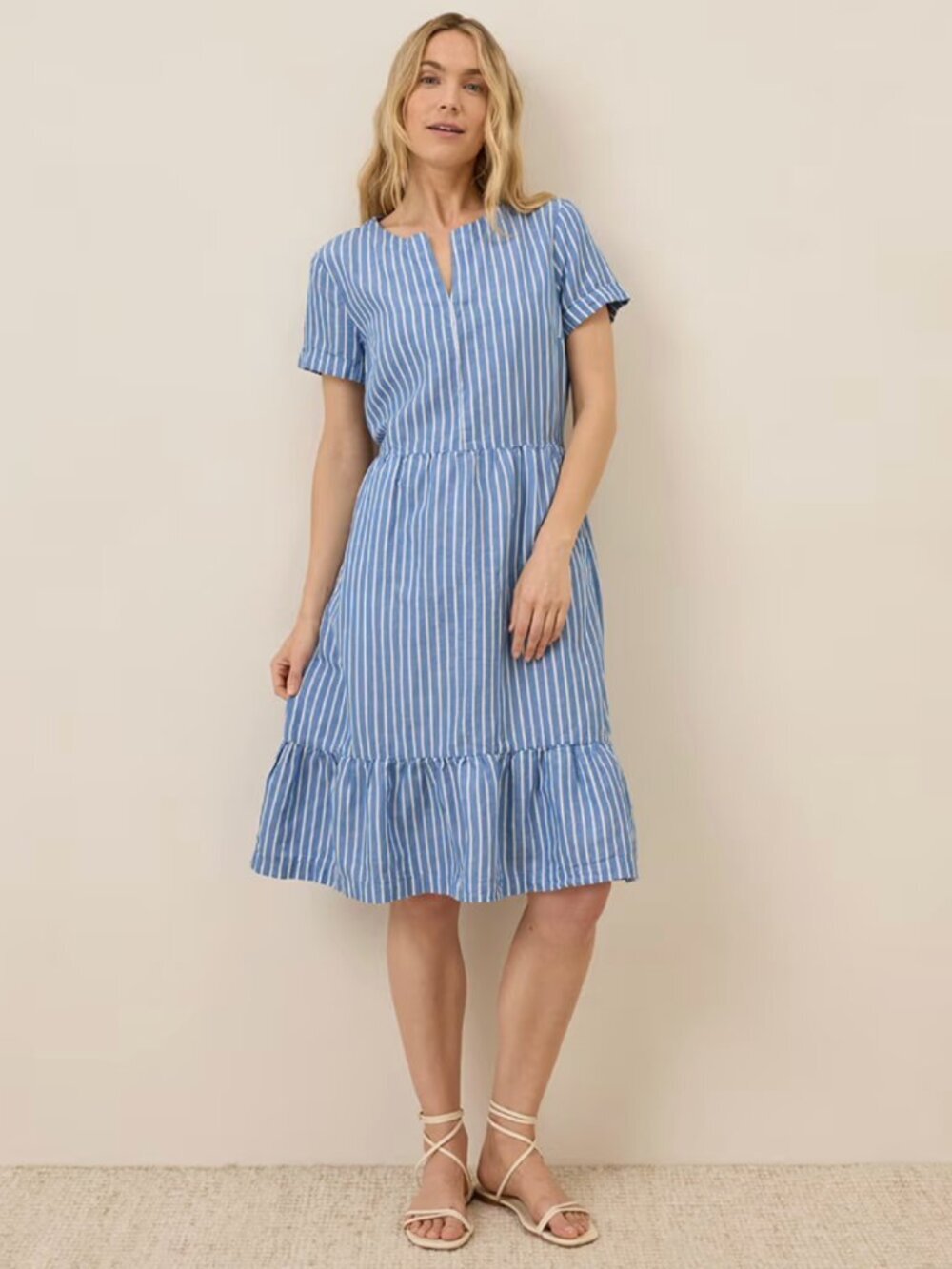 PACT Canopy Linen Cotton Blend Short Sleeve Notch Neck Dress Blue Stripe, Large